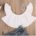 Girls' suit summer style flying sleeve white short-sleeved shirt ripped denim trousers two-piece suit