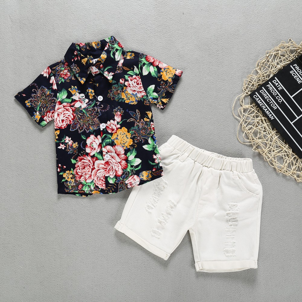 Children's clothing summer children's suit boy retro flower shirt white shorts two-piece set