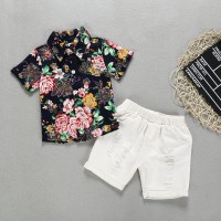Children's clothing summer children's suit boy retro flower shirt white shorts two-piece set
