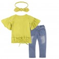 Children's clothing summer new girl trumpet sleeve letters yellow shirt balloon jeans hair accessories girls suit