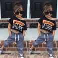 Casual children's clothing summer new girl short-sleeved letter black shirt solid color trousers two-piece suit