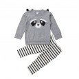 Children's clothing new men and women baby cute panda printed long-sleeved shirt gray striped trousers two-piece