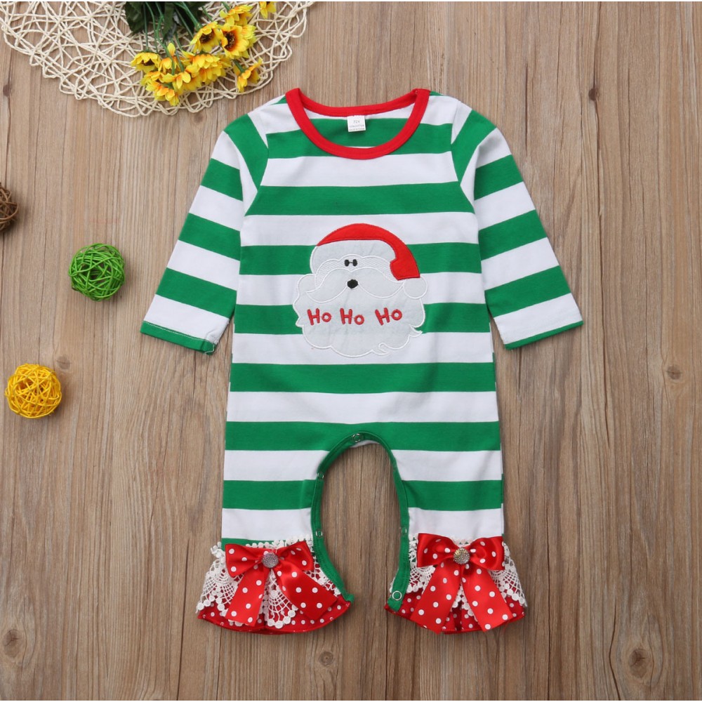Children's clothing autumn new girl long-sleeved Santa Claus green stripe bow flared pants jumpsuit