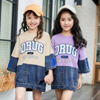 Children's clothing autumn girl T-shirt seven-point sleeve sleeve round neck stitching in the big boy denim jacket tide