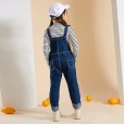 Children's clothing spring new girl's pants suit two-piece long-sleeved striped T-shirt denim suspenders tide