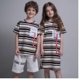 Girls Striped Straight Skirt Boys Round Neck Short Sleeve Summer Children Brother and Sister Dresses