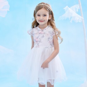 Summer new short-sleeved Hanfu children's dress children's clothing Republic of China buckle embroidered mesh girl dress