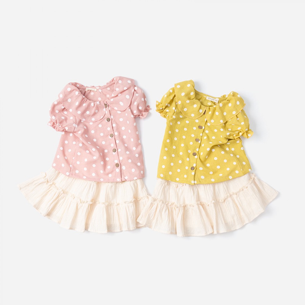 Summer new children's skirt suit children's clothing Peter Pan collar wave point girl short sleeve suit