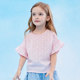 Summer new thin shirt children's clothing girls short sleeve shirt sweet polka dot fungus lace top
