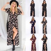 Women's long short-sleeved floral dress women's summer vacation beach skirt