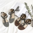 Snake pattern low heel Roman shoes new clip toe rhinestone flat sandals female summer buckle beach shoes
