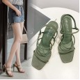 Spring models high-heeled open-toed square head Roman word buckle elastic band wild catwalk dress female sandals 40