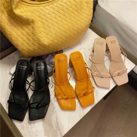 Fashion square head thick with thin belt combined clip toe high-heeled hollow wild beach Roman OL female half drag sandals