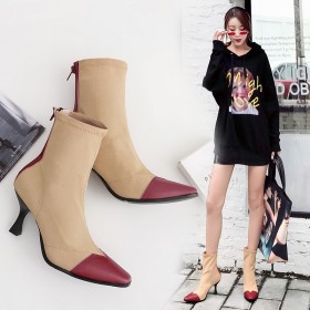 Stitching small square head stretch sock boots short boots new fashion show high heel women boots 027