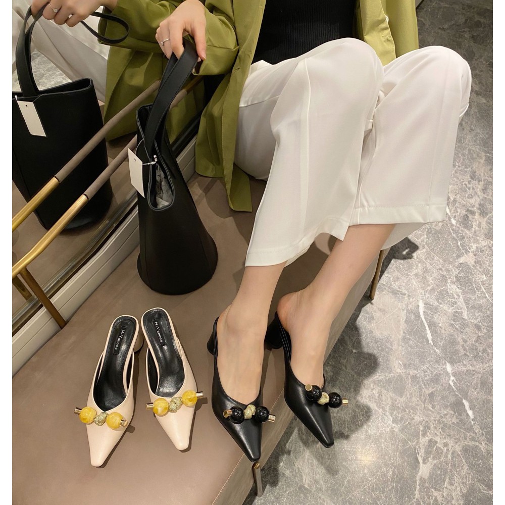 Spring Fan pointed high heel Baotou Muller shoes comfortable half drag OL thick heel women shoes