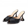 Wind women's sequined pointed thick heel high heel wild OL half drag dress shoes plus size 42