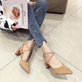 New Roman suede winding hollow fashion thick high-heeled shallow mouth buckle OL dress shoes women