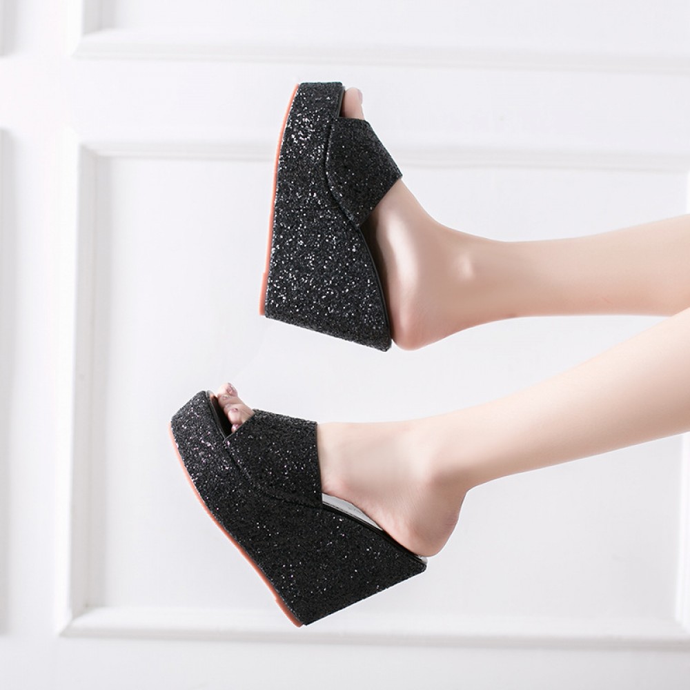 Spring fashion sequined wedge heel platform high heel thick bottom wedding OL half drag female sandals
