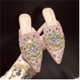 New spring rhinestone beaded slippers fashion wild low-heeled semi-dragging lazy female mules