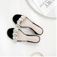New women's shoes rhinestone pearl transparent word sandals fairy style thick heel open toe slippers