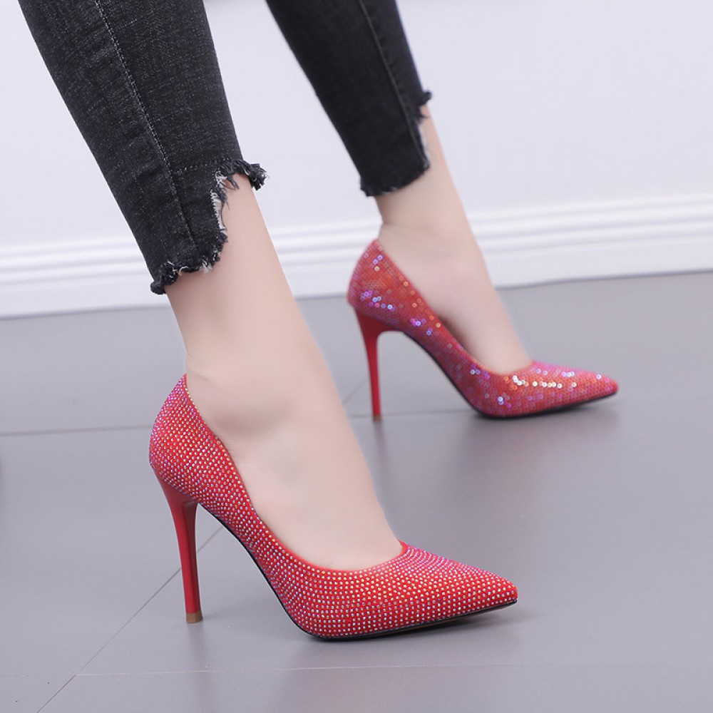 Autumn and winter new rhinestone sexy single shoes pointed thin high-heeled shallow mouth OL female wedding shoes
