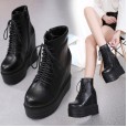 Autumn and winter new sponge cake thick bottom slope with increased height in the lace up round head short boots Martin boots