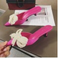 Spring fine-heeled mid-heeled beaded bow pointed toe-toe drag wedding satin OL female sandals