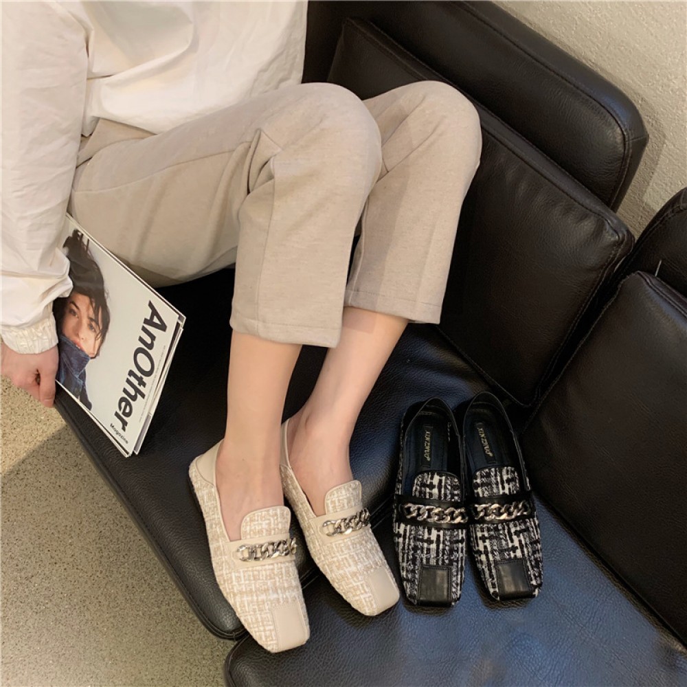 Spring new single shoes small fragrance wind chain shoes lattice color matching flat bottom lazy two wear OL women's shoes