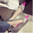 Spring style fine-heeled mid-heeled sequined pointed toe baotou half-drag fashion satin wedding OL women's shoes 8288-2