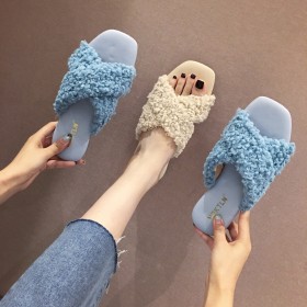 Autumn new flat slippers sheepskin wool super comfortable low heel cross strap women's shoes