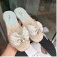Roman linen braided bow wear new summer fairy style wild pearl rhinestone sandals female drag