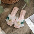 New flat slippers female fashion wild fairy style word drag lace beach open toe lazy shoes