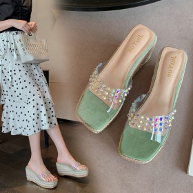 Summer new Roman transparent slope high-heeled square head open-toed beach linen woven thick bottom OL cool female half slippers