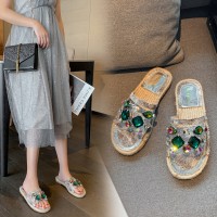Summer new rhinestone flat bottom lazy drag fashion Roman hemp knitted open toe transparent female half drag