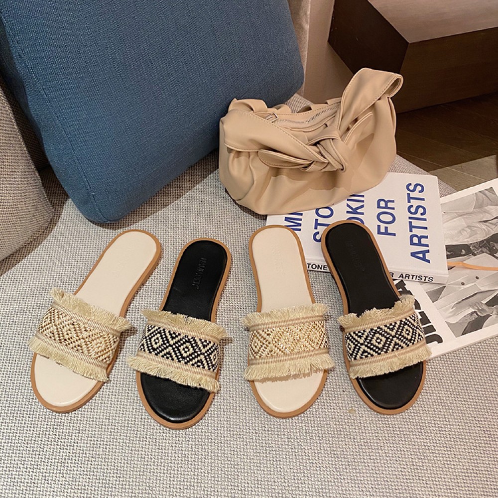 New Product College Style Woven Tassel Flat Open Toe Lazy Slippers Cool Beach Wear