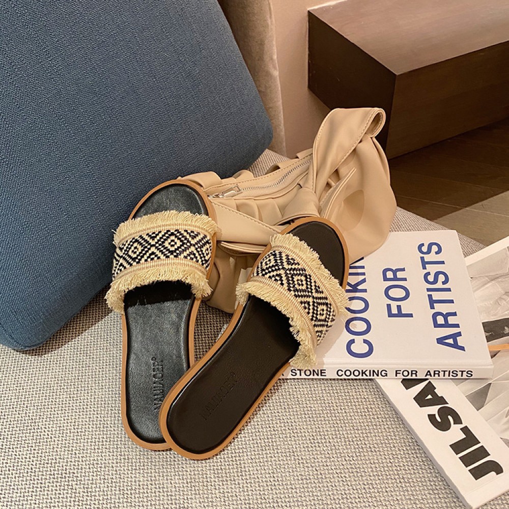 New Product College Style Woven Tassel Flat Open Toe Lazy Slippers Cool Beach Wear
