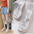 Summer new women's shoes pearl rhinestone flip flops sandals muffins increase Rome beach