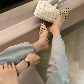 Xia Baotou gauze half drag pearl thick with wild OL dress high-heeled lazy women's shoes