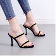 Summer new thin belt color matching slippers fine with cat and high heel OL open toe word drag female