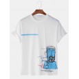 Men Casual Cartoon Print Loose Short Sleeve T-Shirts - White S 
