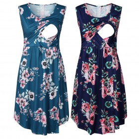 Maternity Wear Sleeveless Printed Dress Nursing Wear