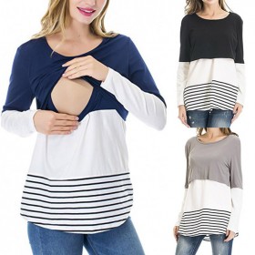 Maternity Wear Long Sleeves Round Collar Colorblock Lace Striped T-Shirt