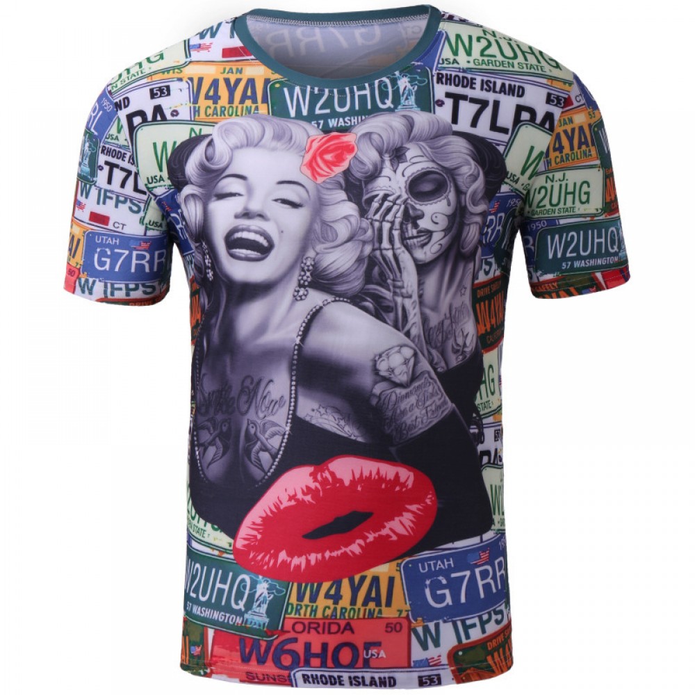 Men's autumn and winter T-shirt large size men's Marilyn Monroe skull print short sleeves