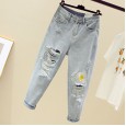 Spring and summer dress new style thin straight high waist ripped jeans female casual loose little daisy nine points old pants