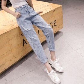 Ripped jeans ladies summer new straight high waist loose wide leg pants nine points daddy pants tide