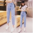 Ripped jeans ladies summer new straight high waist loose wide leg pants nine points daddy pants tide