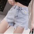 Summer new women's chic loose loose thin daisy embroidery hole denim shorts female hot pants