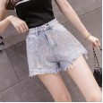 Summer new high waist a word bright diamond denim shorts female raw edge was thin wide leg hot pants