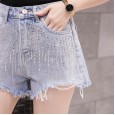 Summer new high waist a word bright diamond denim shorts female raw edge was thin wide leg hot pants
