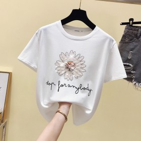 Summer new beaded round neck small daisy short-sleeved T-shirt women's bottoming shirt white ride on top tide